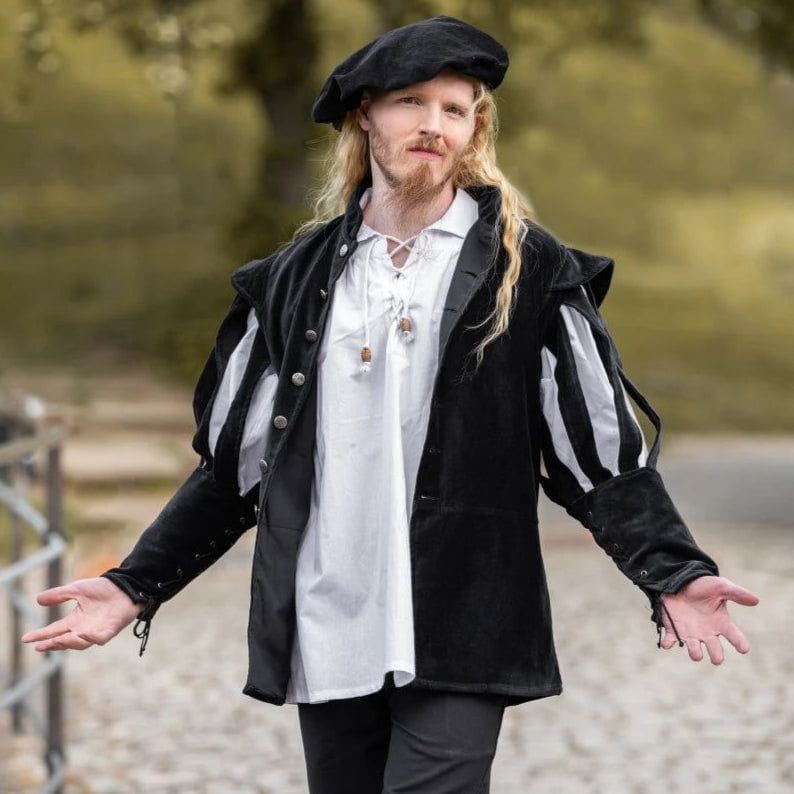 Black velvet Pirate jacket with dramatic slit puff sleeves revealing white fabric, wooden buttons, and laced forearms.