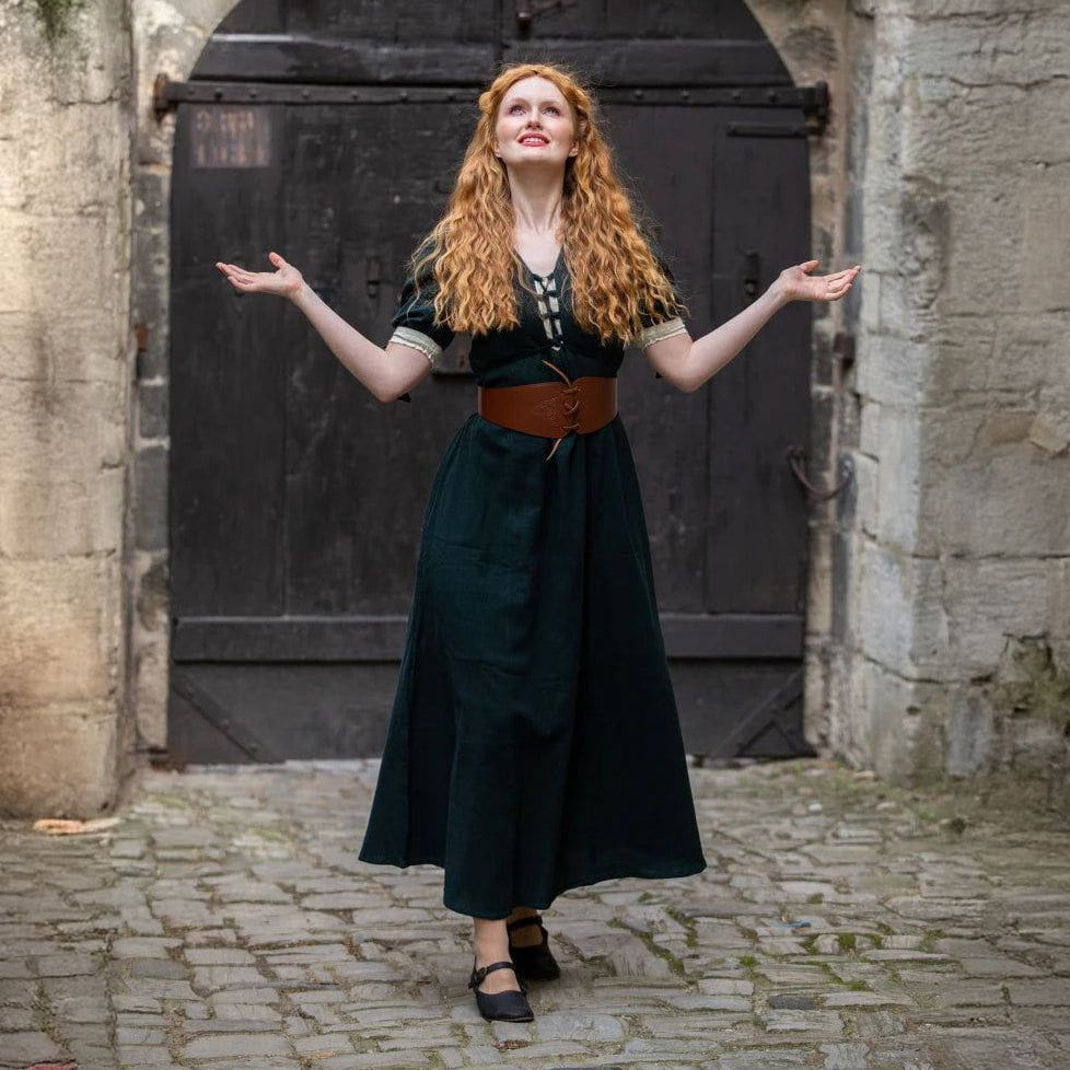 Pirate summer gown: green cotton dress with laced front, A-line silhouette, and brown leather belt.