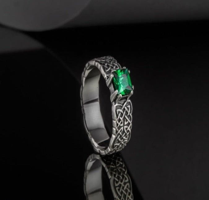 Handcrafted Sterling Silver Ornament Pirate Ring | Green Cubic Zirconia-Pirate Clothing Store