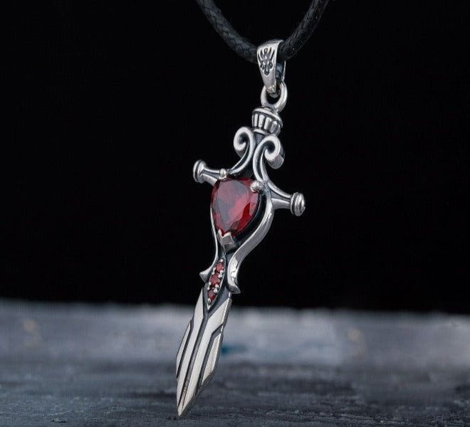 Handcrafted Sterling Silver Pirate Sword Pendant | Red Cubic Zirconia-Pirate Clothing Store
