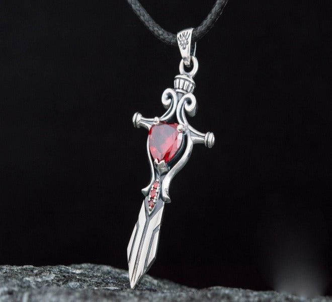 Handcrafted Sterling Silver Pirate Sword Pendant | Red Cubic Zirconia-Pirate Clothing Store