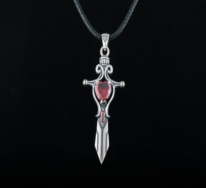 Handcrafted Sterling Silver Pirate Sword Pendant | Red Cubic Zirconia-Pirate Clothing Store