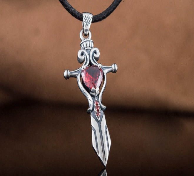 Handcrafted Sterling Silver Pirate Sword Pendant | Red Cubic Zirconia-Pirate Clothing Store