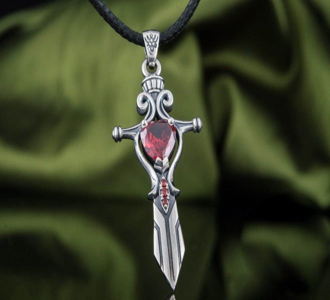 Handcrafted Sterling Silver Pirate Sword Pendant | Red Cubic Zirconia-Pirate Clothing Store