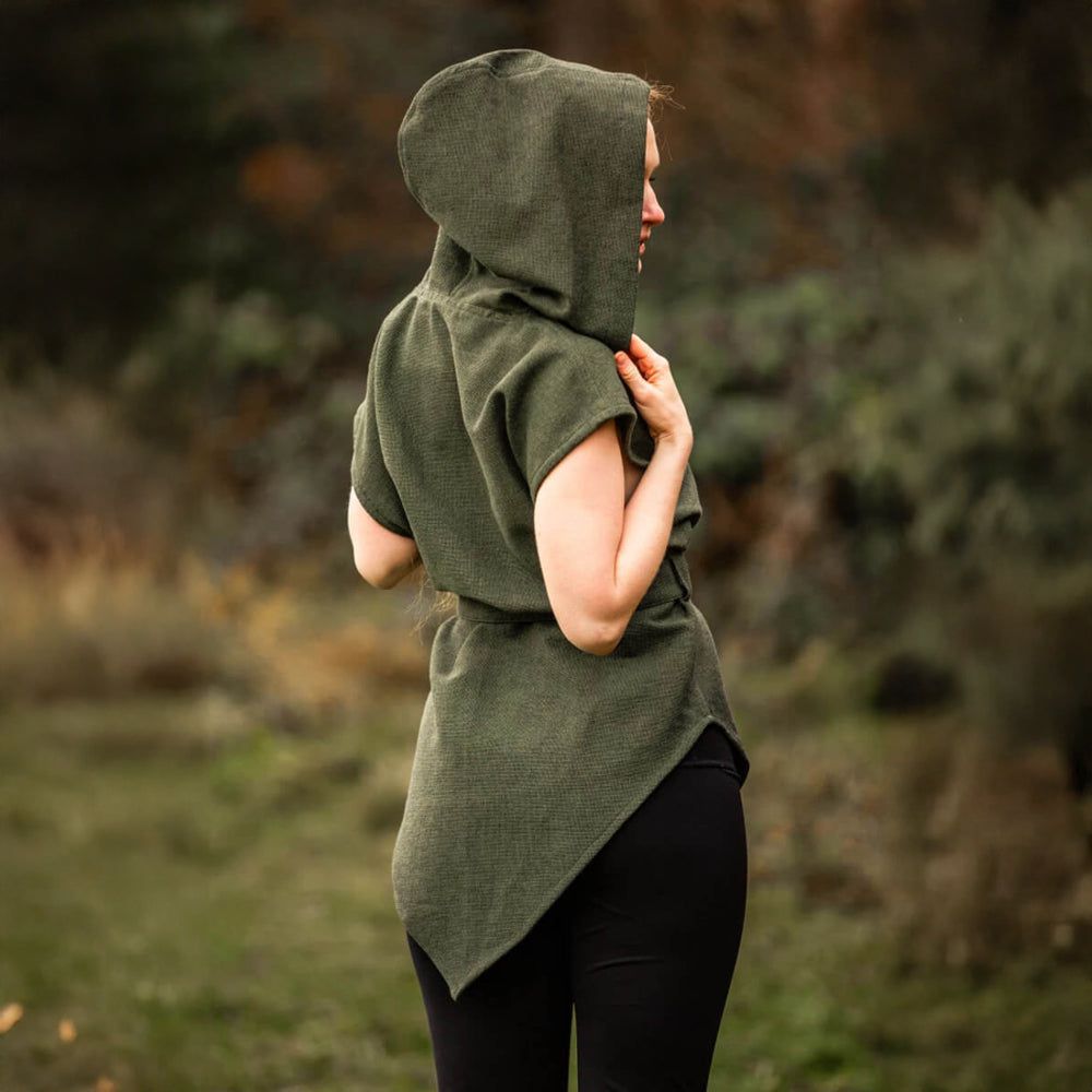 Pirate-style women's hooded green cotton tunic with a tapered cut, belt, and short sleeves.