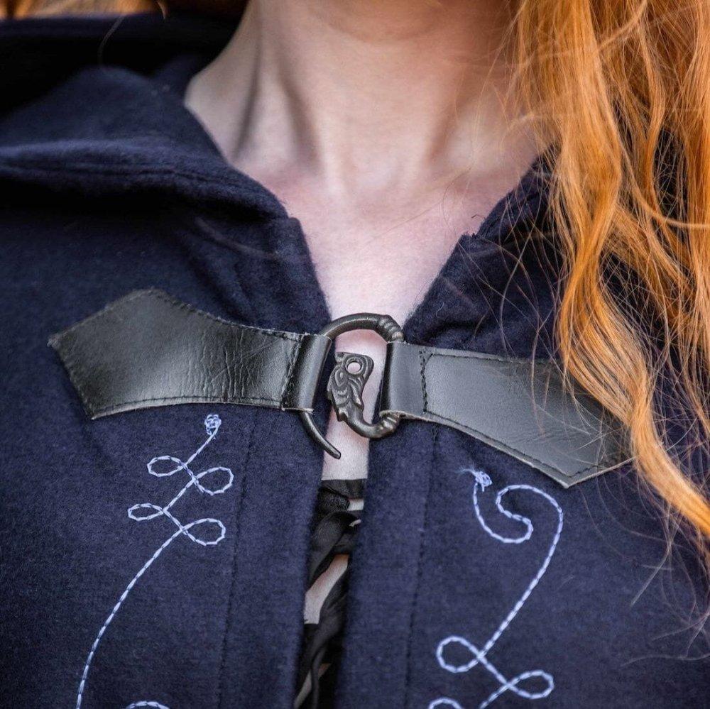 Dark blue woolen Pirate cloak with a wolf head clasp and white embroidered details.