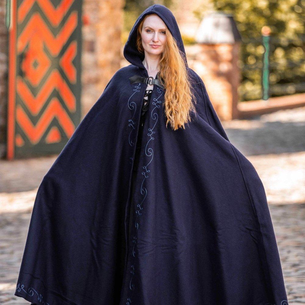 Dark blue hooded Pirate cloak with embroidered front and wolf head clasp.