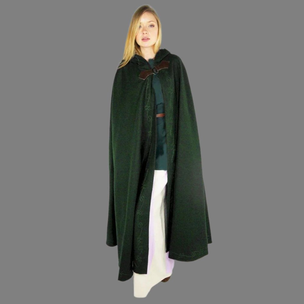 Full-length Pirate hooded dark green wool cloak with intricate embroidery and wolf head clasp.