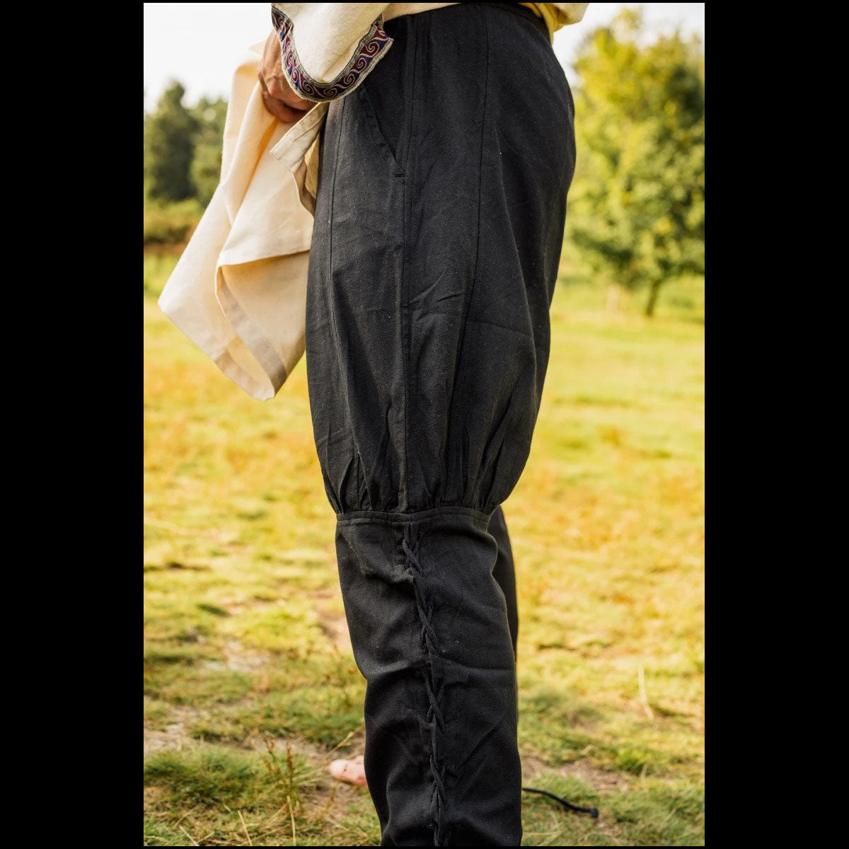 Premium Pirate Pants - Authentic Cut in Cotton with Leg Lacing (Black) side view