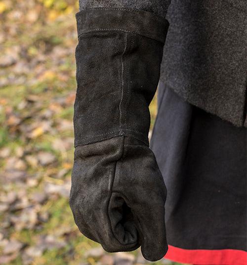 Black leather Pirate gauntlet glove with long cuff and visible stitching, worn on an arm.