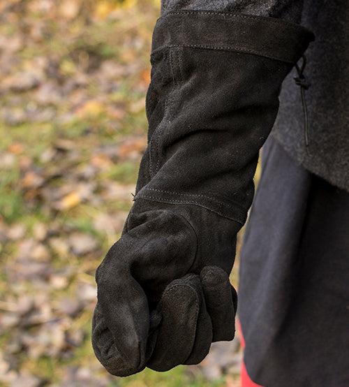 Black leather Pirate gauntlet glove with a long cuff and adjustable drawstring.