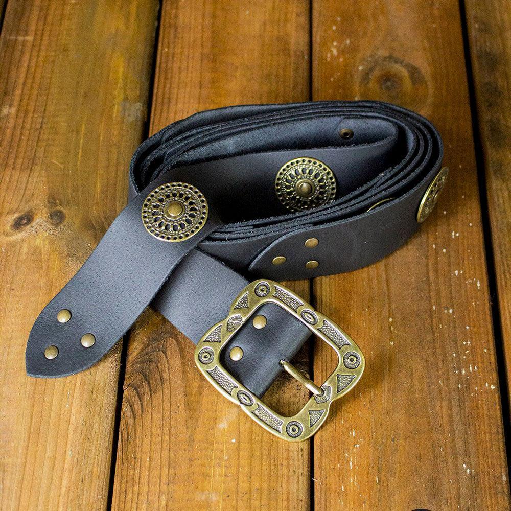 Black leather Pirate belt with ornate brass medallions and a large, decorative buckle.