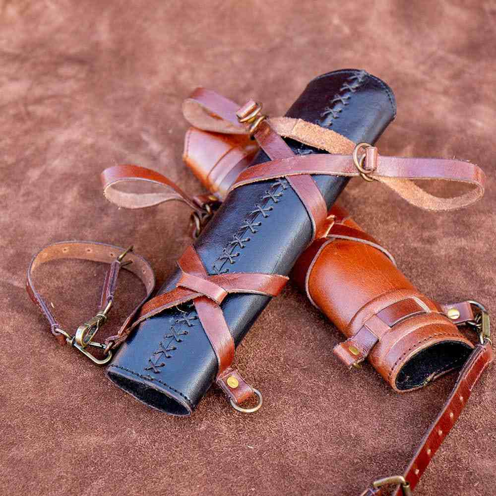 Black full-grain leather Pirate sword belt hanger with brown strapping and asymmetrical loops.