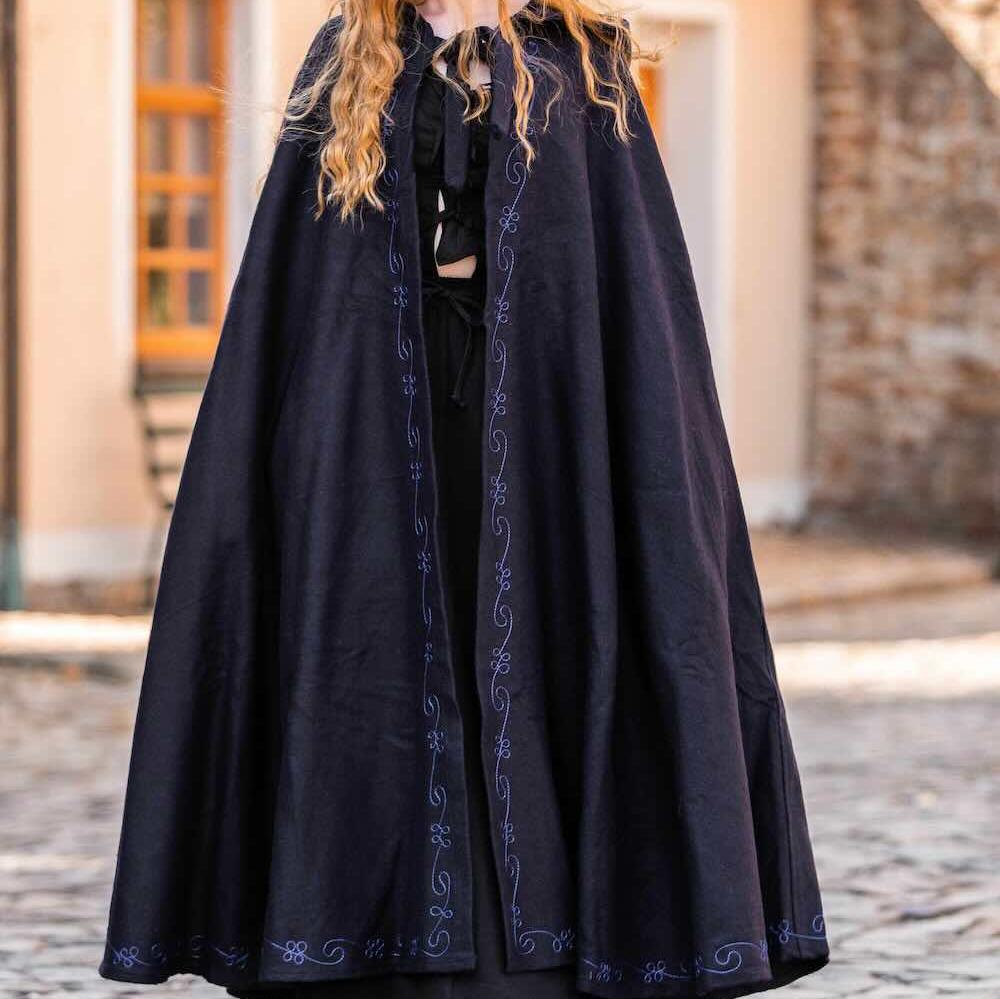 Long black wool Pirate cloak with hand-stitched blue embroidery, long hood, and front string closure.