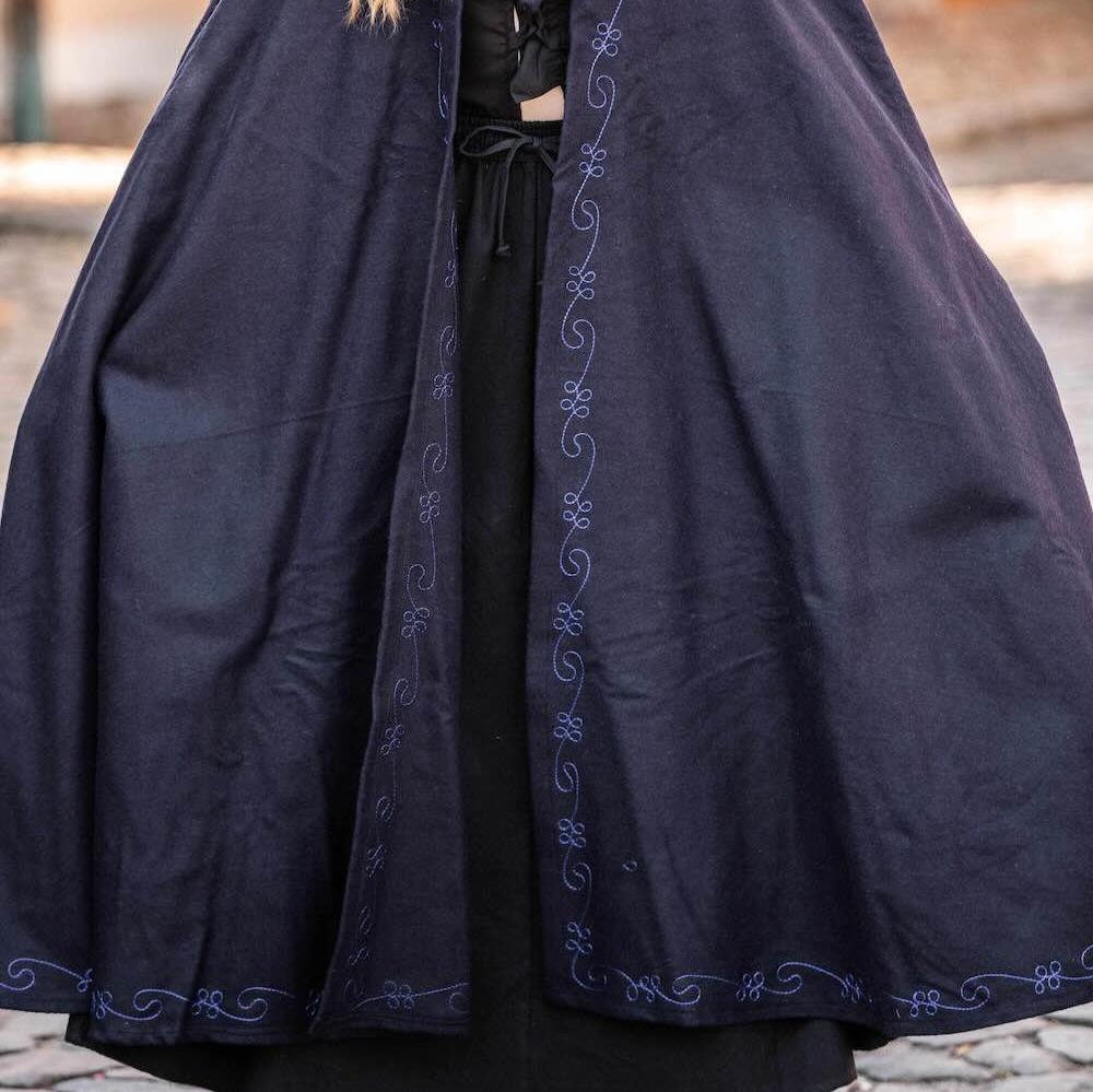 Dark blue wool Pirate cloak with hand-stitched embroidery and front string closure.