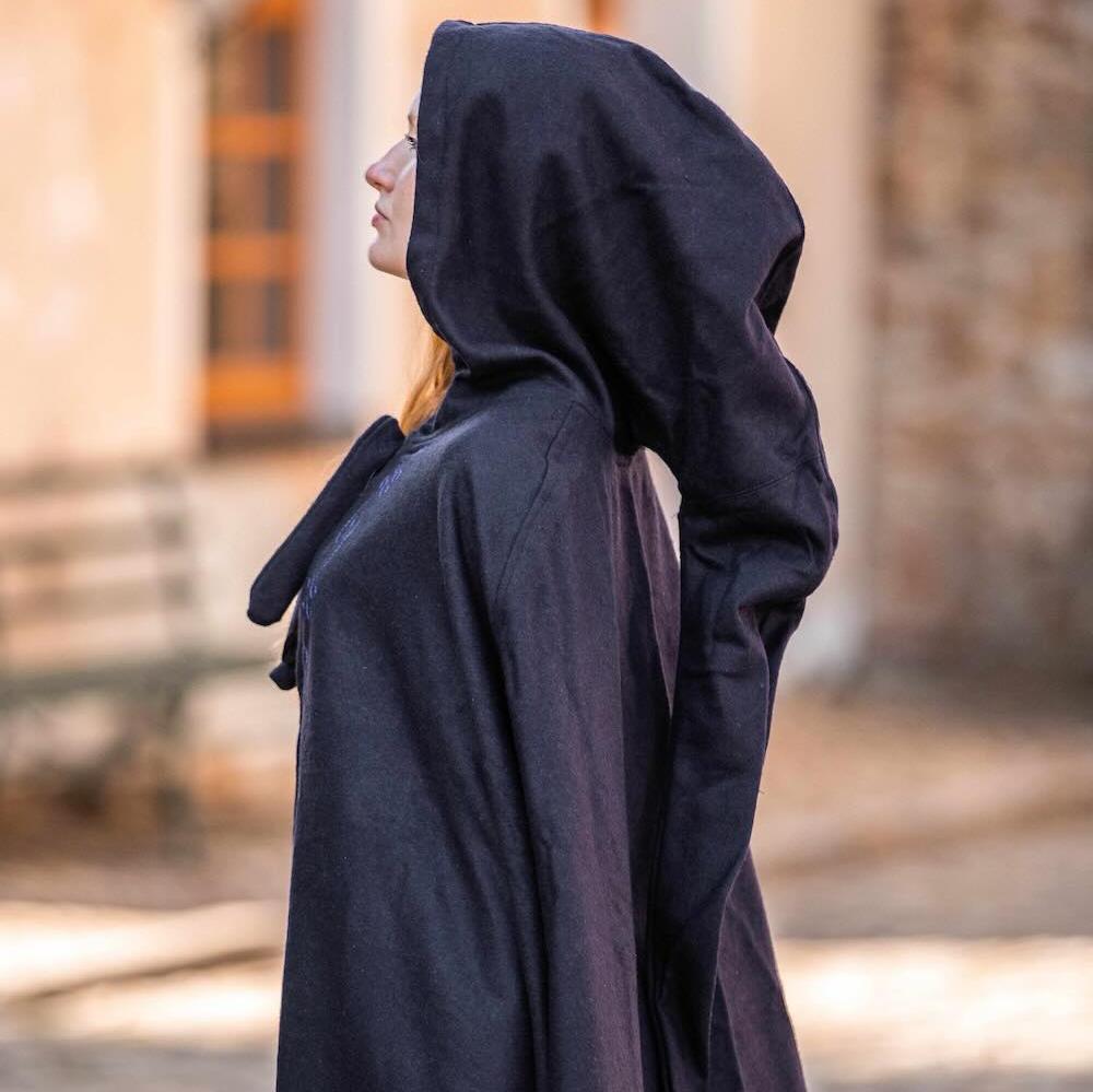 Dark wool Pirate cloak with long hood and front string closure, featuring hand-stitched embroidery.