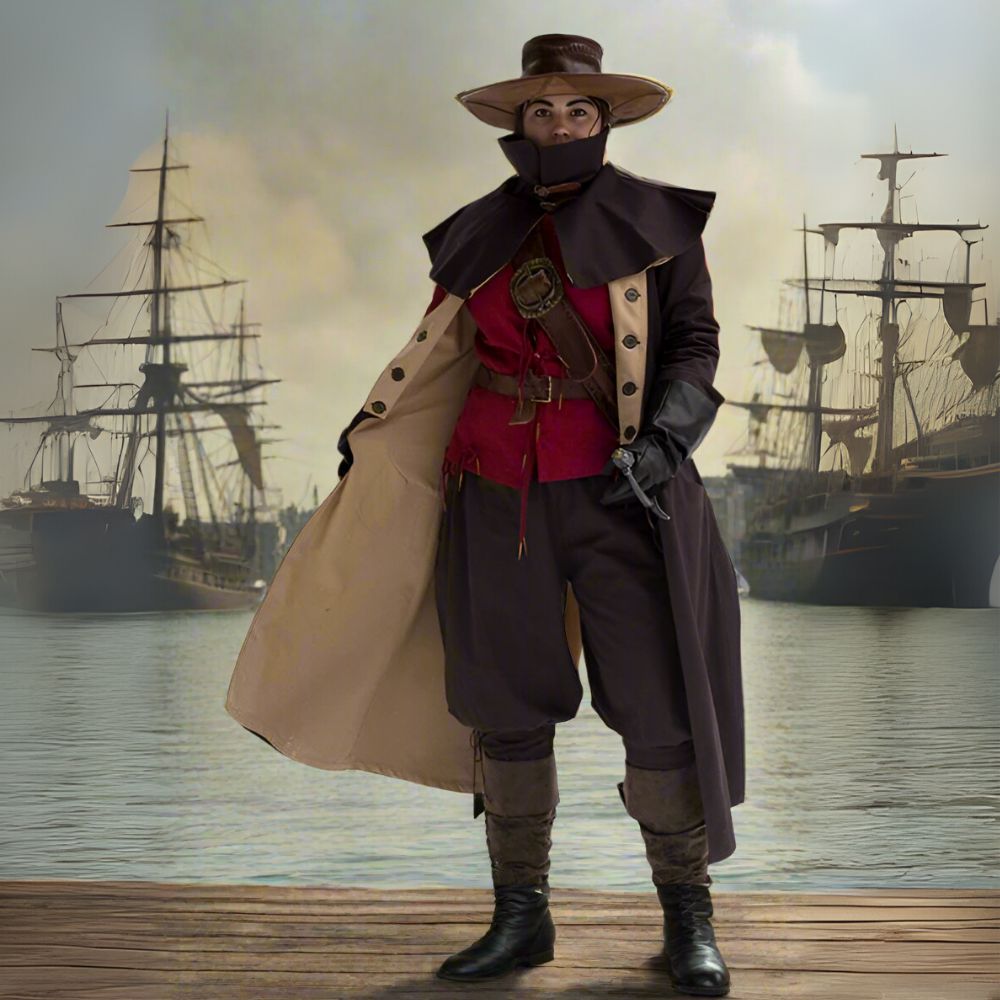 Brown canvas Pirate overcoat with contrasting lining, broad collar, and removable shoulder mantle.