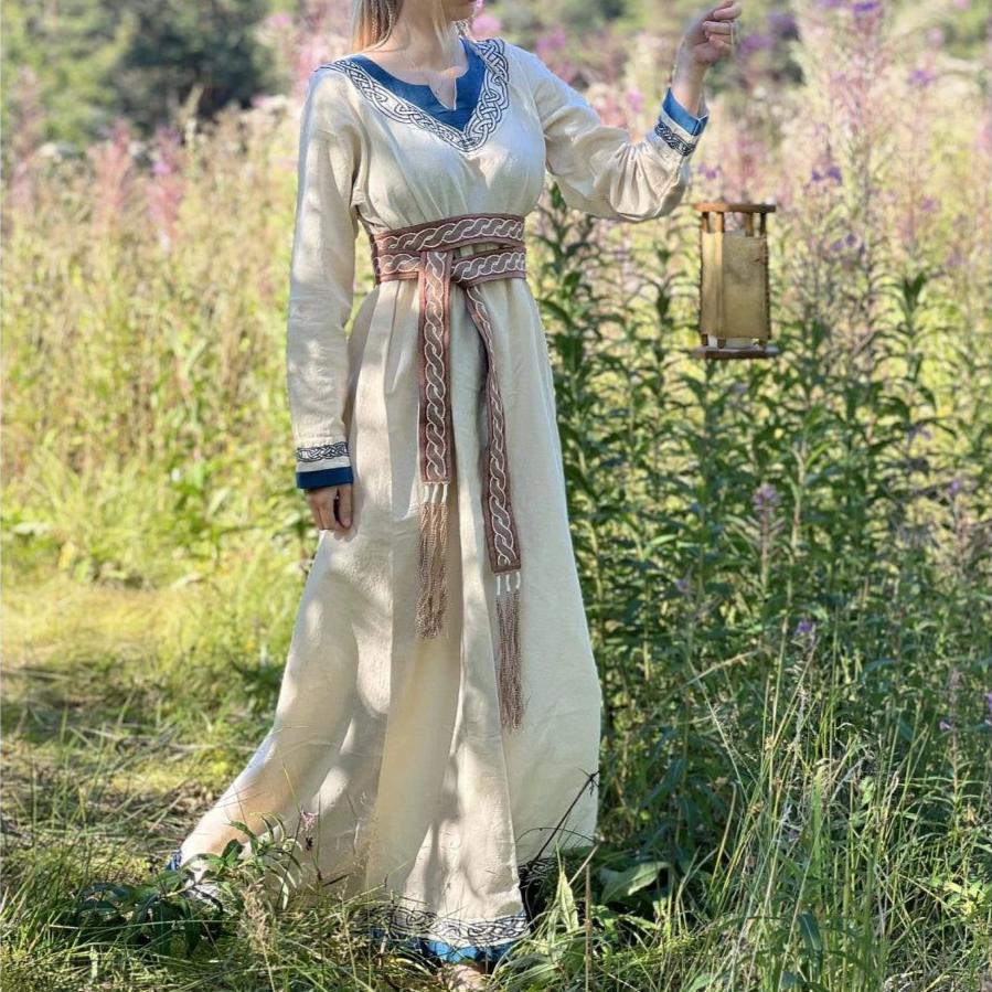 Natural Cotton Pirate Gown | Blue-Trimmed Buccaneer Dress-Pirate Clothing Store
