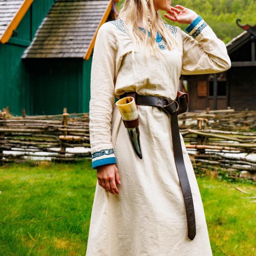 Natural Cotton Pirate Gown | Blue-Trimmed Buccaneer Dress-Pirate Clothing Store