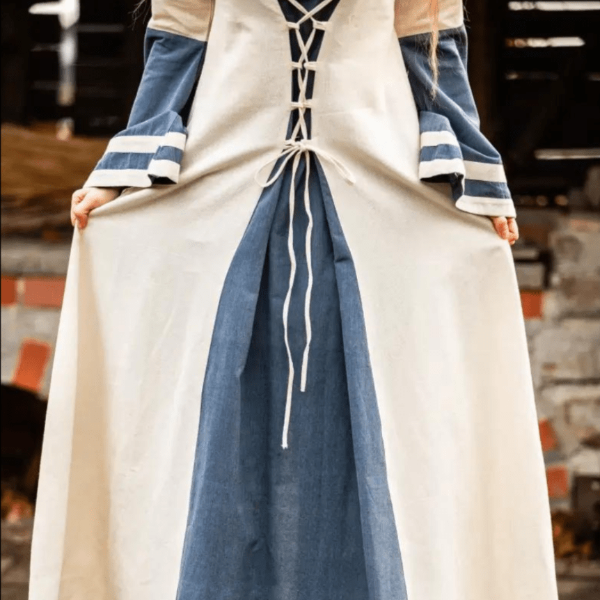 Natural and blue cotton Pirate dress with long sleeves and laced front.