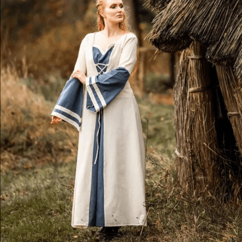 Natural and blue cotton Pirate dress with long sleeves and laced front.