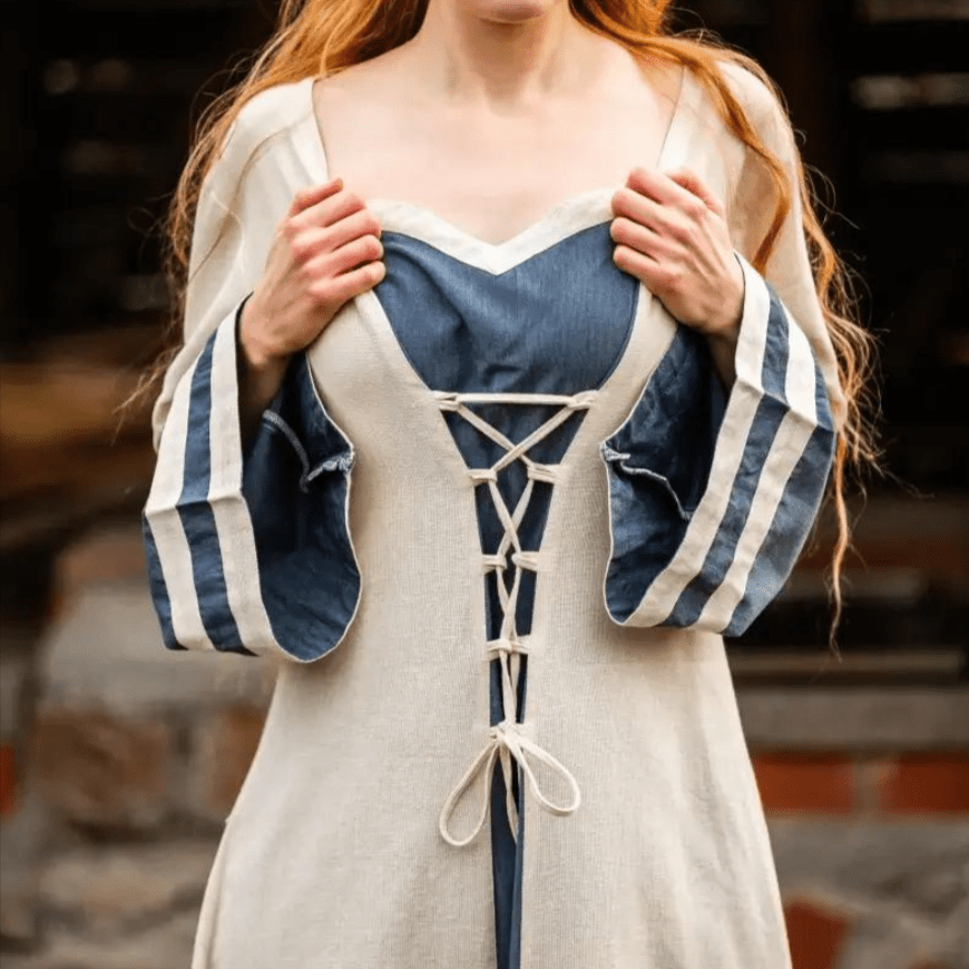 Natural and blue cotton Pirate dress with long sleeves and a laced front.