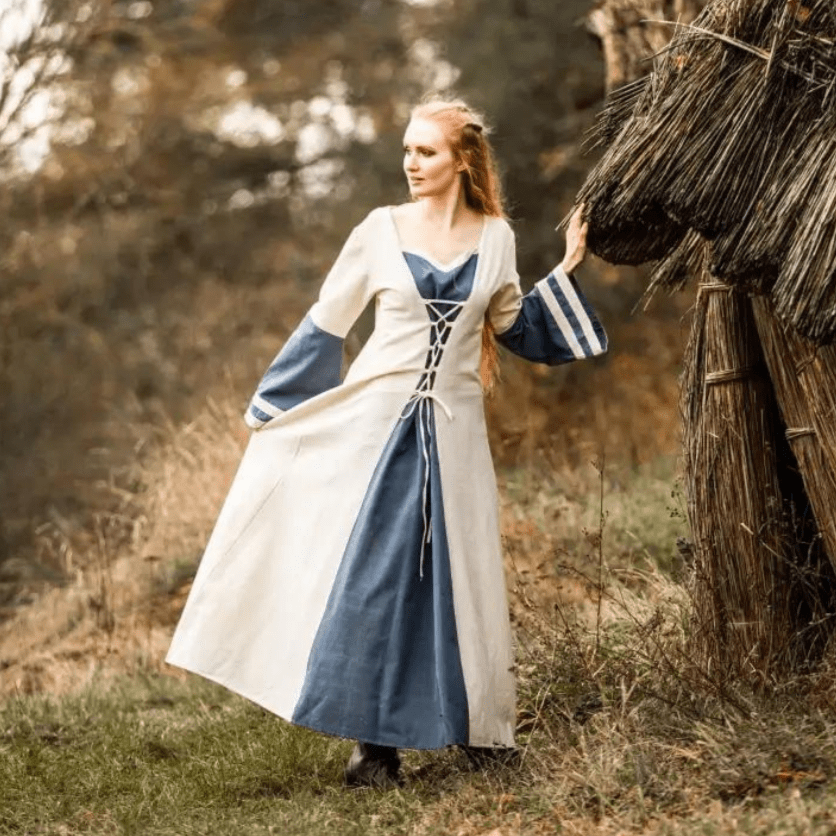 Natural and blue cotton Pirate dress with long sleeves and laced front.