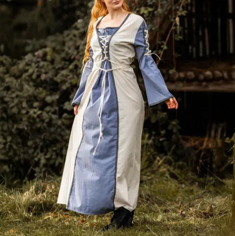 Natural and blue Pirate cotton gown with laced V-neck, trumpet sleeves, and floral borders.