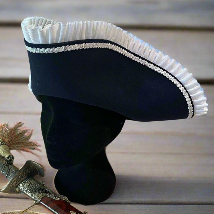 Black felt Naval Tricorn Hat with white frill and trim, perfect for a Pirate captain.