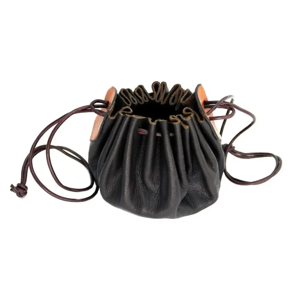 Pirate brown cowhide leather coin pouch with drawstring closure, 12-inch diameter.