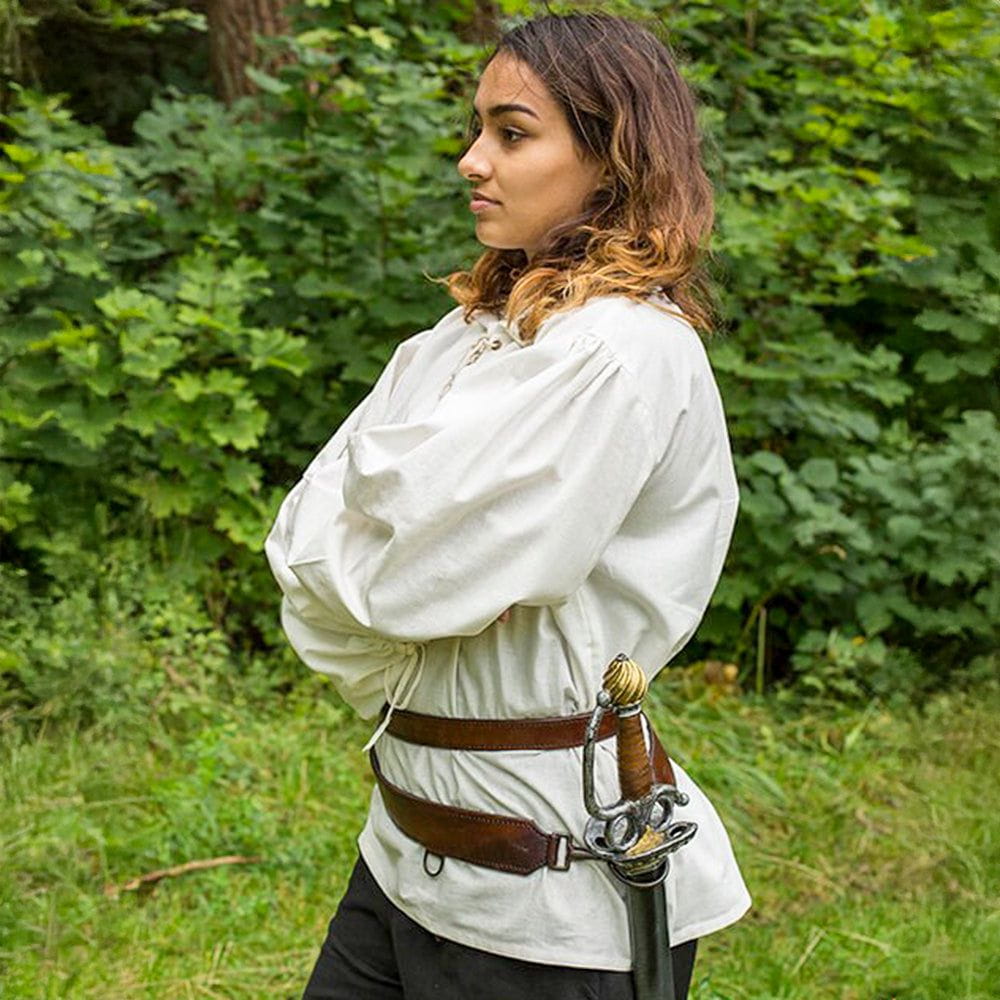 side view of women pirate wearing leather sword belt with cutlass