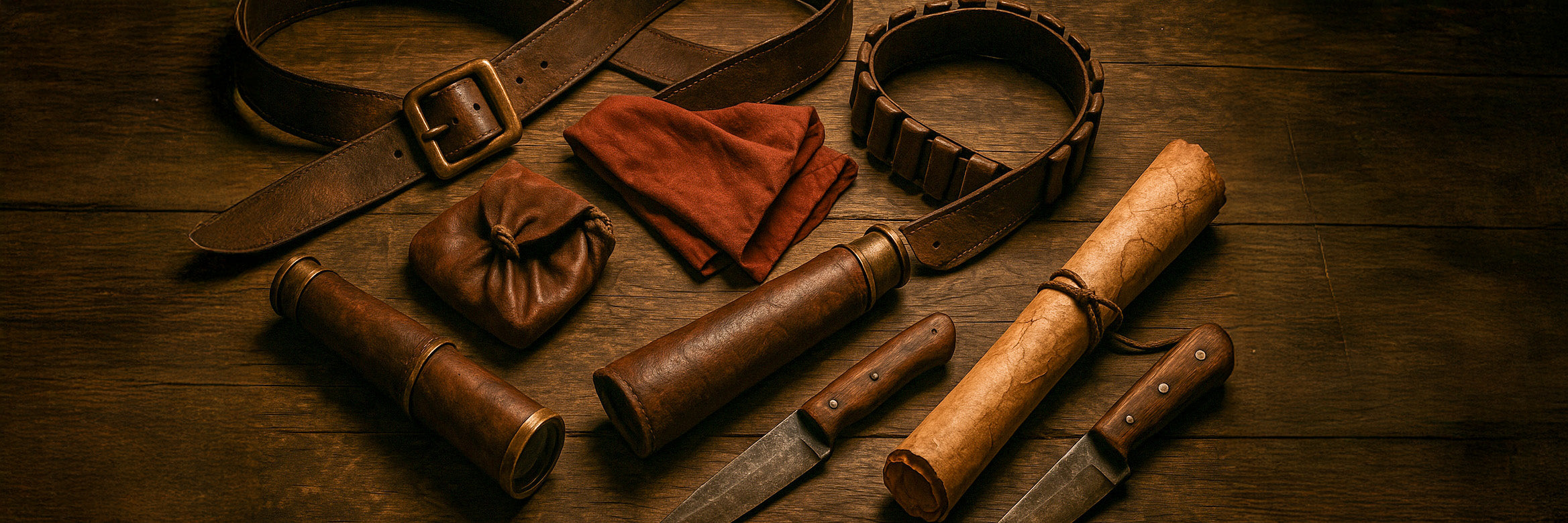 Pirate accessories - a belt, pouch, knife, etc. laid out on a table