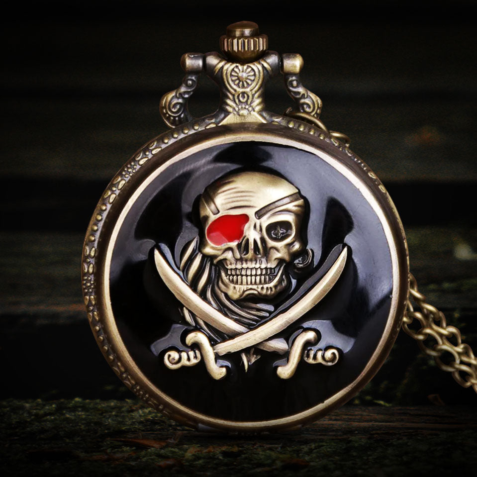 Pirate's Quartz Pocket Watch Pendant showing skull and crossed swords case