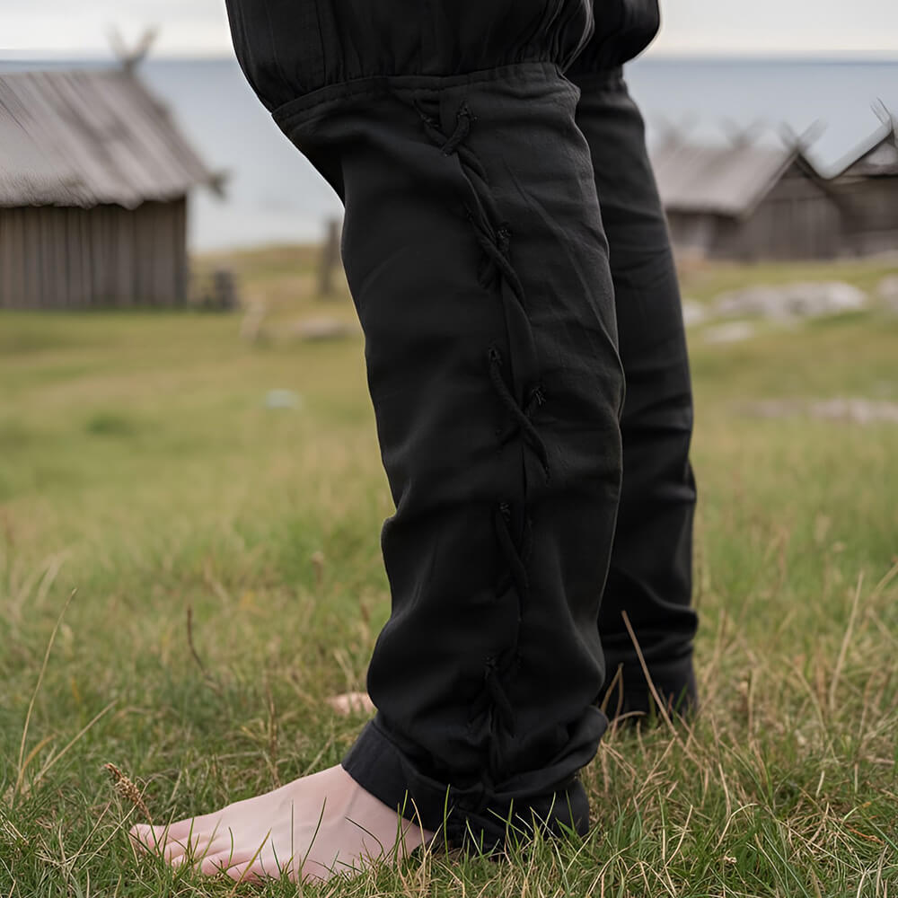 Premium Pirate Pants - Authentic Cut in Cotton with Leg Lacing (Black)