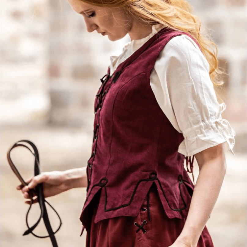 Red cotton Pirate wench bodice with front and back lacing, detailed embroidery, and a structured silhouette.
