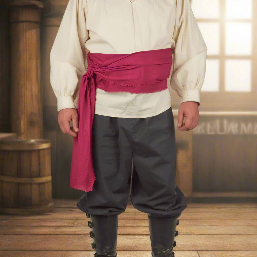 Pirate red burgundy cotton sash with raw edges, tied around a waist.