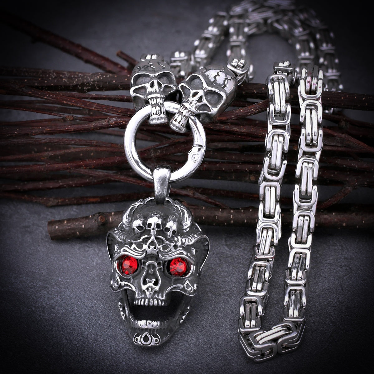 Red Eye Skull Pendant and Square Chain Necklace with square chain