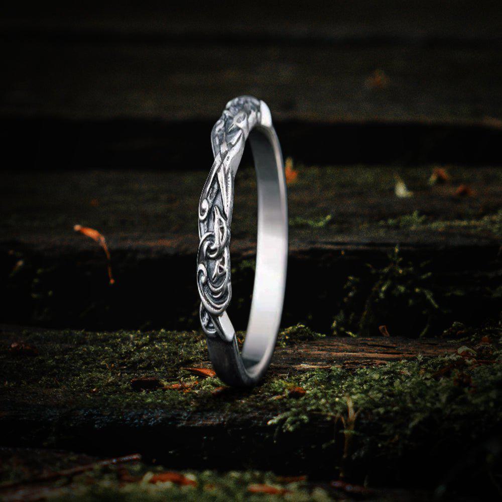 Sterling silver Pirate ring with a detailed raven design carved into the band.