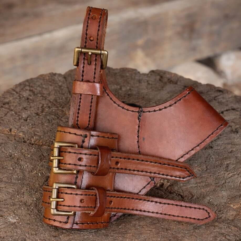 Brown leather sword frog with gold buckles designed for right-handed draw; ideal for pirate cosplay gear.