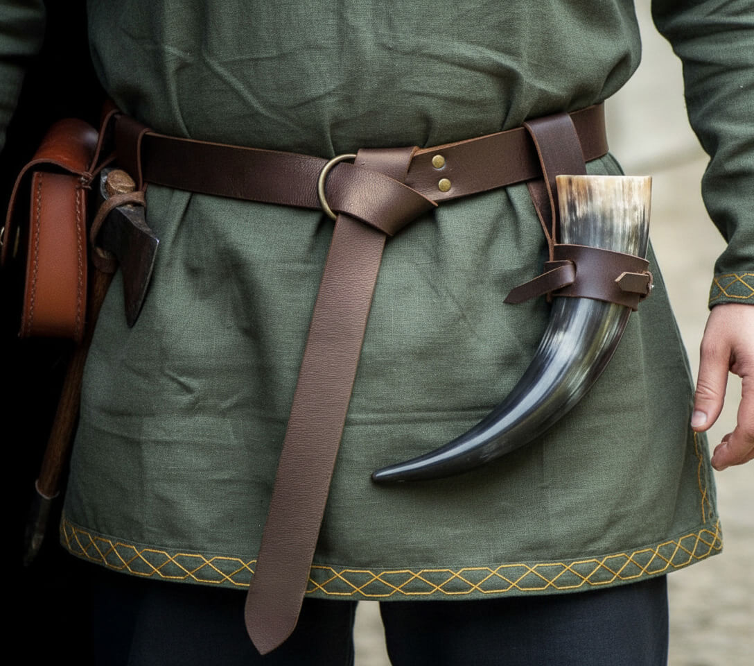 Person wearing a thick brown leather pirate belt with ring loop and knot on a green shirt with horned accessory.