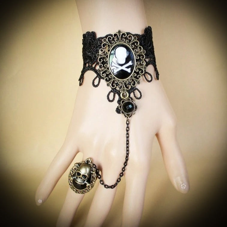 Women's Vintage Lace Pirate Skull Bracelet with Ring