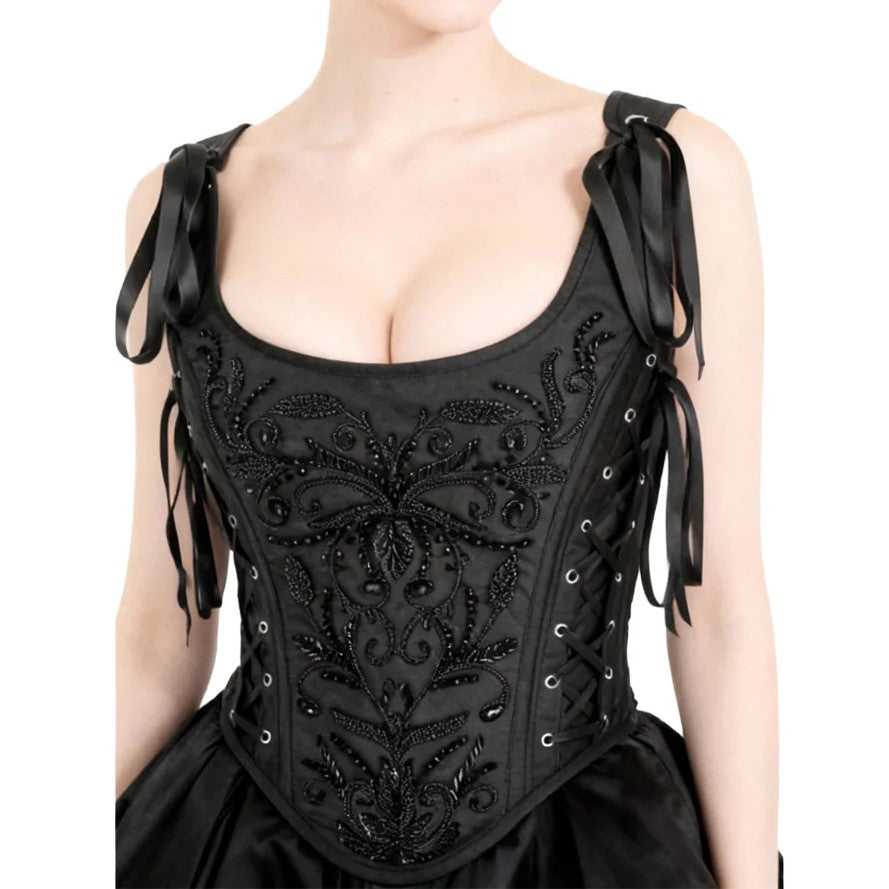 Black Pirate beaded embroidered taffeta overbust corset with floral scroll design, silver grommet lace-up sides, satin ribbon shoulder straps, and sweetheart neckline — gothic Victorian women's corset top