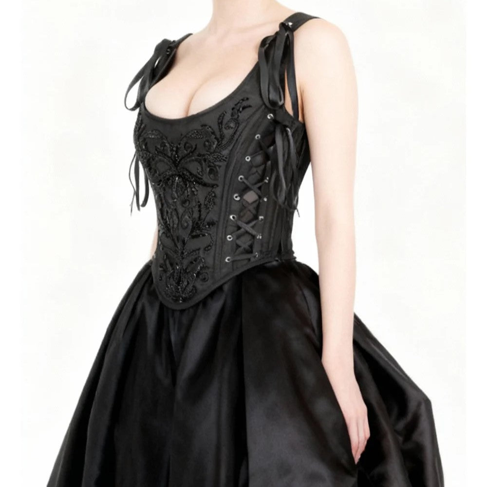 Black Pirate Embroidered Taffeta Overbust Corset