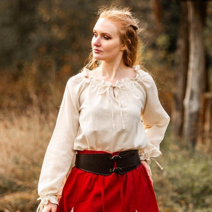 Black leather Pirate bodice belt worn over a tunic at the waist