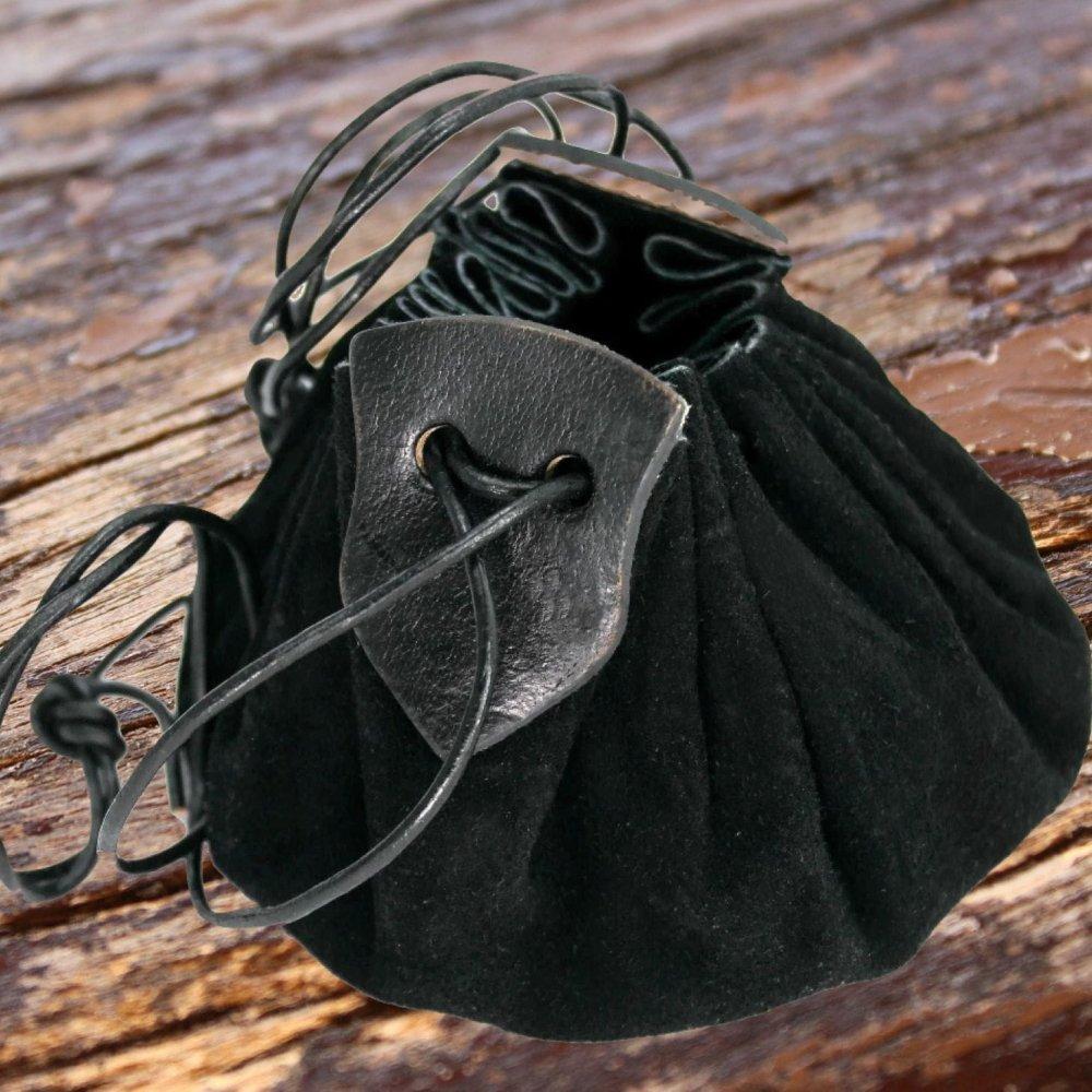 Black suede Pirate coin pouch with drawstring pulled closed