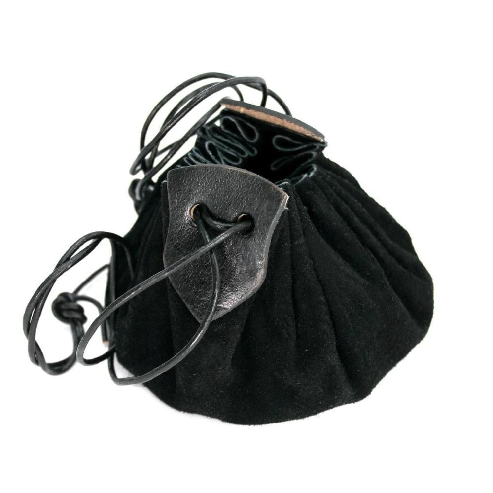 Black suede Pirate pouch from another angle showing the drawstring and suede texture