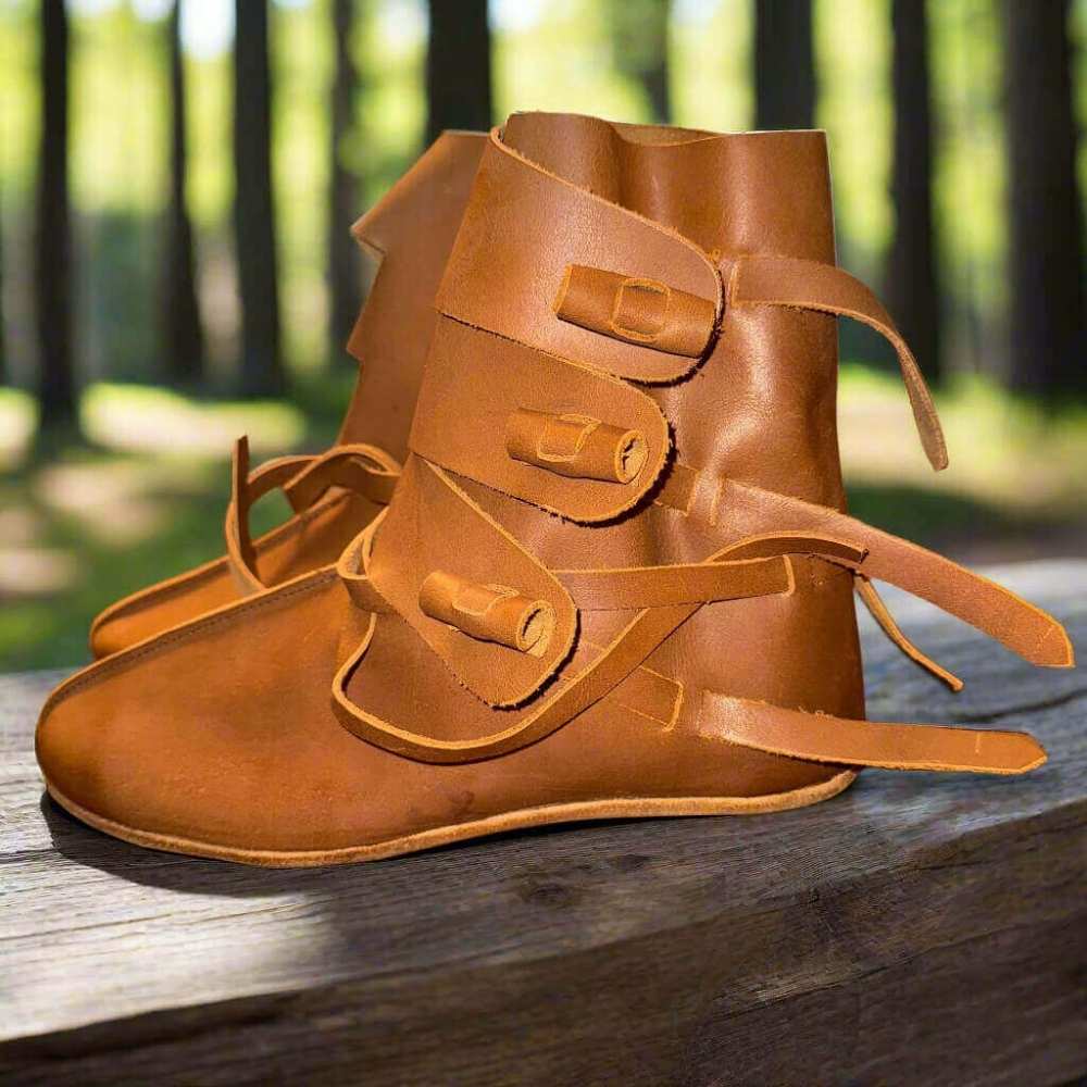 Close view of the brown upper leather on handmade Pirate ankle boots
