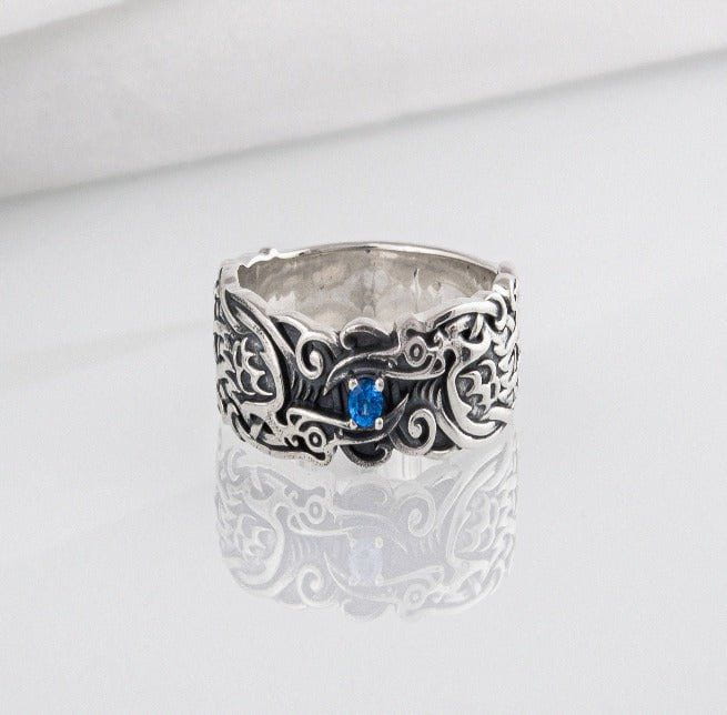 Handcrafted 925 silver Viking ring with Ravens and unique ornament, ancient norse jewelry-6