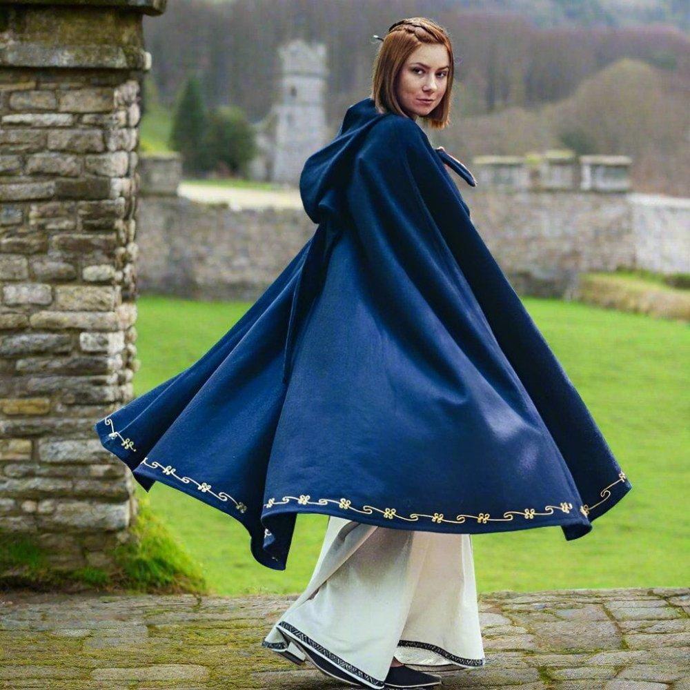 Blue Hooded Viking Cloak | Hand-Embroidered Wool Blend-1-Viking Warrior