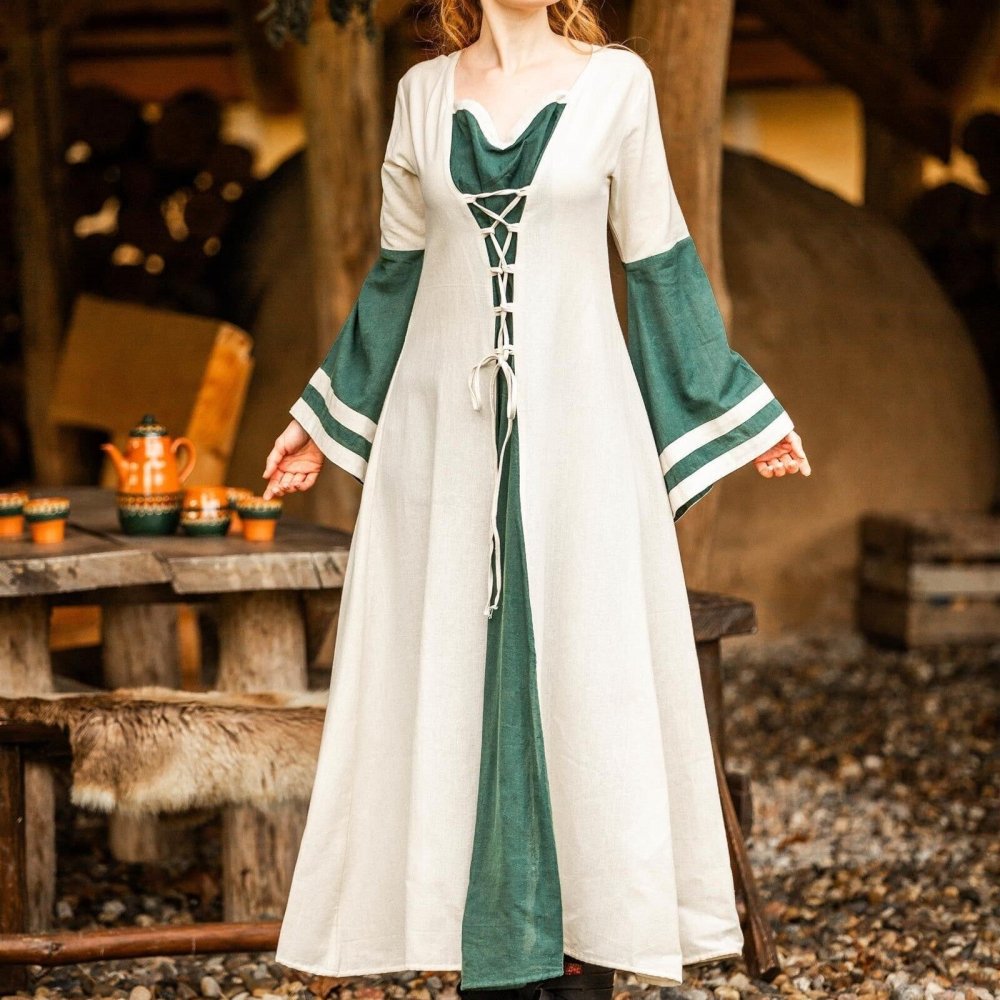 Natural and green Pirate ladies dress with front lacing, front view